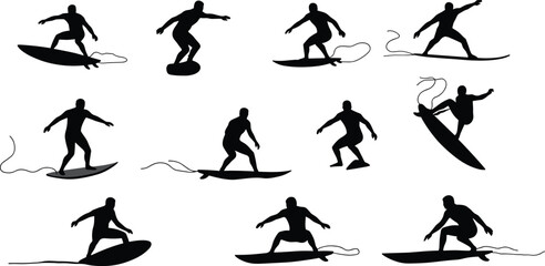 Silhouette of surfers riding waves, surfing action poses collection, extreme sport, ocean lifestyle, summer adventure, surfboard balance and motionSilhouette of surfers riding waves, surfing 