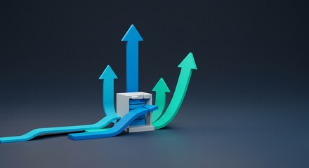 暗い空間に浮かぶ中心の立方体から鮮やかな青と緑の矢印が多方向へ力強く上昇する未来志向の3Dグラフィック 複数の上向きの線が予測困難な市場環境での大きな成長と成功をダイナミックに表現する. AI Generated