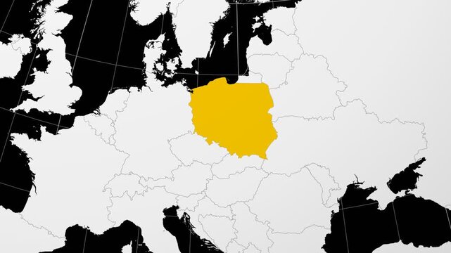Poland map. Animated zoom into the country on the Globe in Black White color palette. Country logo animation. Map with meridians, parallels. Beautiful video.