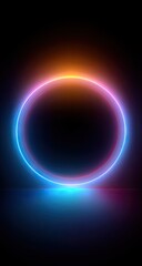 Obraz premium Neon circle glowing in a dark space with colorful gradient light and reflections