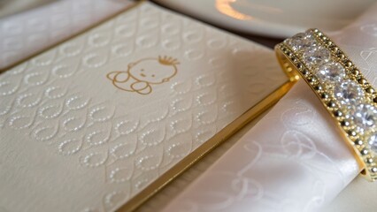 luxury baby shower decor Elegant baby shower invitation with decorative elements and a shiny bracelet.