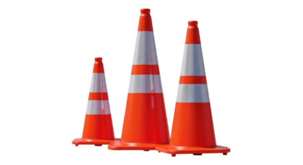 Isolated traffic cones, three, safety orange with silver reflective stripes on no background