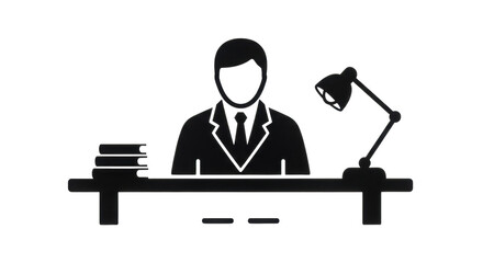 Isolated businessman at desk with books and lamp, symbolizing work, study and professionalism