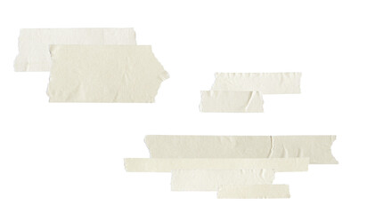 group of overlapping wide strips of light beige paper masking tape with ripped edges, arranged...