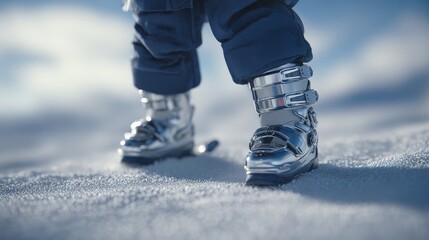 Close-up of a person&rsquo;s ski boots standing on fresh snow, showcasing winter sports gear in a frosty winter setting.
