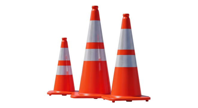 Isolated traffic cones, three, safety orange with silver reflective stripes on no background