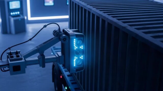 Robotic arm scanning a shipping container in a futuristic warehouse. Automated logistics and supply chain technology. Artificial intelligence concept - Powered by Adobe