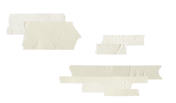 group of overlapping wide strips of light beige paper masking tape with ripped edges, arranged randomly and isolated on a pure transparent background.