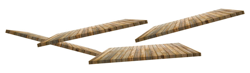 dynamic arrangement of three floating pieces of weathered wooden decking planks, angled dramatically and isolated against a clean transparent background.