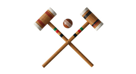 Isolated shot of croquet mallets crossed with striped ball, ready for summer game fun