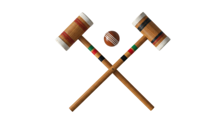 Isolated shot of croquet mallets crossed with striped ball, ready for summer game fun