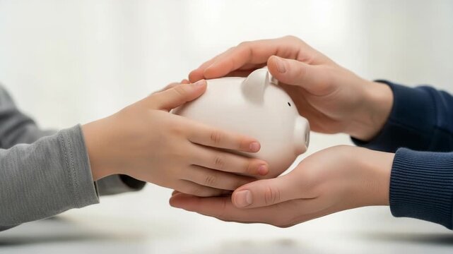 Child and adult hands holding a piggy bank. Teaching financial education and saving money for the future. Family finance concept