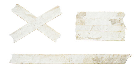 grunge photograph of three different shapes created from dirty, old beige masking tape strips, including an 'x', isolated on a transparent background.