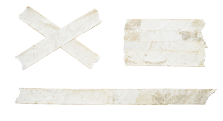 grunge photograph of three different shapes created from dirty, old beige masking tape strips, including an 'x', isolated on a transparent background.