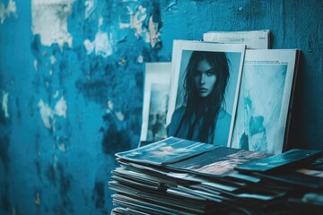 A stack of magazines, prominently featuring a fashion cover with a model, rests against a vividly textured, peeling blue wall.