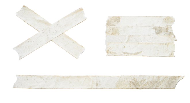 grunge photograph of three different shapes created from dirty, old beige masking tape strips, including an 'x', isolated on a transparent background.