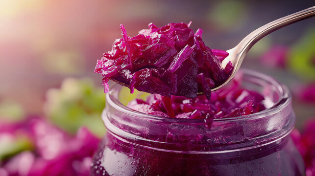 Purple fermented cabbage in a glass jar with spoon