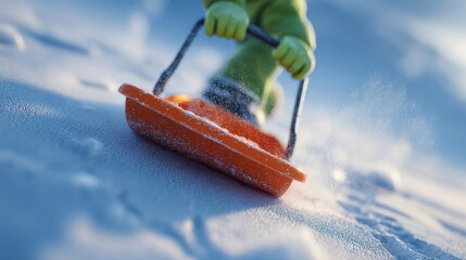 A child in vibrant winter attire pulls a bright orange sled across freshly fallen snow, capturing the joy of winter play.
