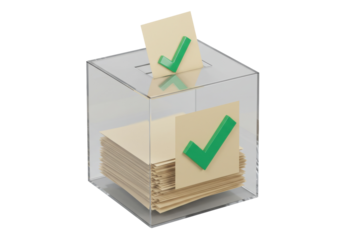 Ballot box with votes isolated on transparent background, election concept for democracy and civic participation, PNG