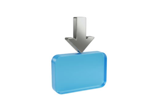 Download icon isolated PNG, silver arrow pointing down to blue rounded rectangle shape for graphic design and web development