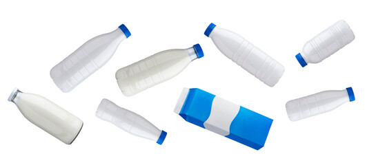 dynamic composition of various plastic milk and dairy beverage bottles, alongside a single blue and white carton, isolated against a pure transparent background