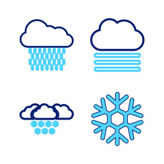 Set line Snowflake, Cloud with snow, Fog and cloud and rain icon. Vector