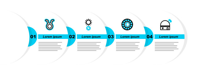 Set line Astronomical observatory, Astrology horoscope circle, Solstice and Taurus zodiac icon. Vector