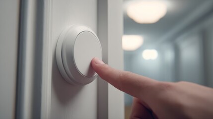 A close-up of a hand pressing a white doorbell button, set against a softly lit corridor background.