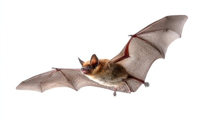 A bat in flight against a white background.  The bat is in profile view, wings outstretched, and shows its reddish-brown fur