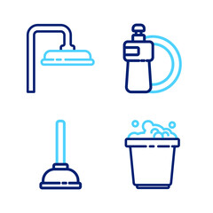 Obraz premium Set line Bucket with soap suds, Rubber plunger, Dishwashing liquid bottle and plate and Shower head icon. Vector