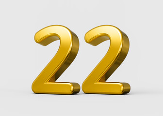 Golden metallic 3D number 22 with glossy bold reflective glow. 3d illustration
