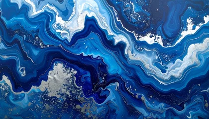 Acrylglasbilder Kristalle Abstract painting with flowing, swirling, and marbled shades of blue and silver, creating a dynamic and textured design  © Heri