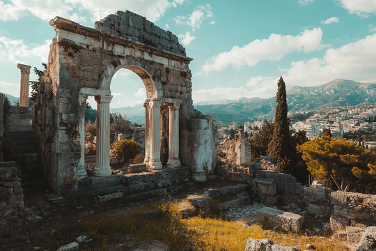 Classic Architectural Columns And Sculptures Representing Heritage And Endangered Peoples In Dramatic Light Generative AI Image