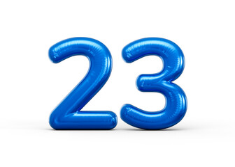 Shiny blue balloon number 23 with glossy surface and smooth inflated curves. 3d illustration