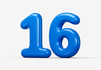 Glossy blue 3D number 16 with rounded edges and a sleek reflective glow. 3d illustration