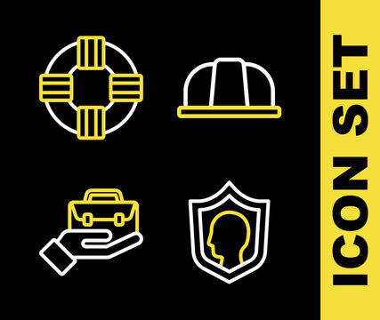 Set line Worker safety helmet, Life insurance with shield, Hand holding briefcase and Lifebuoy icon. Vector