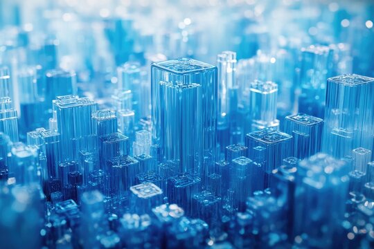 Luminous blue crystalline structures form an abstract cityscape, resembling data processing units or a futuristic metropolis with translucent, sparkling towers. - Powered by Adobe