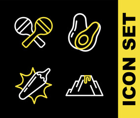 Set line Avocado fruit, Volcano eruption with lava, Hot chili pepper pod and Maracas icon. Vector