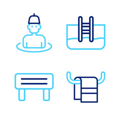 Set line Towel on a hanger, Sauna wood bench, Swimming pool with ladder and Man the sauna icon. Vector