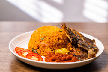 Garifoto, Ghanaian Dish Made with Gari Cassava Flakes, Tomato Stew, Fish, and Vegetables, Popular West African One-Pot Meal