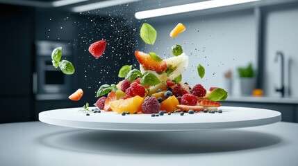 Floating Fruit Salad in Modern Kitchen: Strawberries, Peach, Blueberries, Basil, and Mint, Healthy Eating Concept, Culinary Art