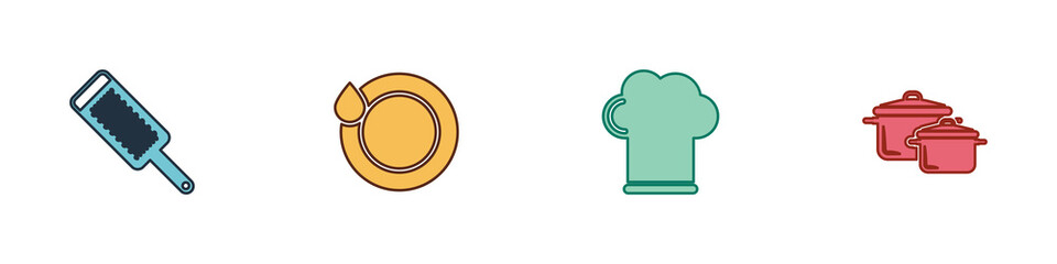 Set Grater, Washing dishes, Chef hat and Cooking pot icon. Vector