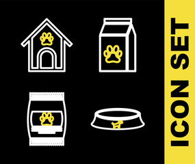 Set line Bag of food for pet, Pet bowl, and Dog house and paw print icon. Vector