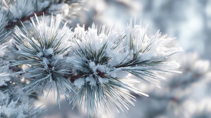 Snow-covered pine branch glistening under winter light, showcasing nature's serene beauty in frosty shades of blue and white.