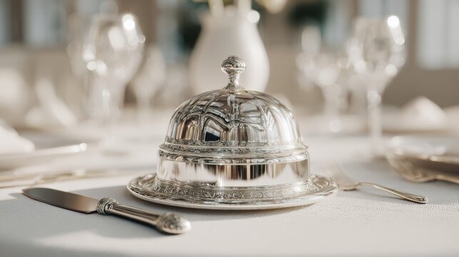 A polished silver cloche sits elegantly on a beautifully set dining table, showcasing luxury and fine dining aesthetics.