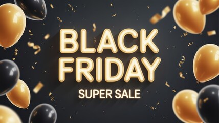 Black Friday Super Sale with Stylish Balloons and Confetti Background