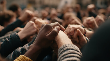 Diverse activists linking fingers in circle during peaceful demonstration tight