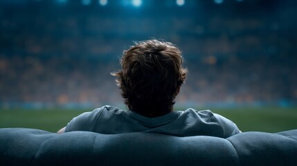 Man watches sports game on a couch in a stadium while enjoying the excitement of the crowd