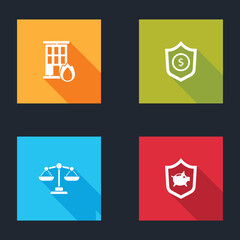 Set Fire in burning house, Shield with dollar, Scales of justice and Piggy bank shield icon. Vector