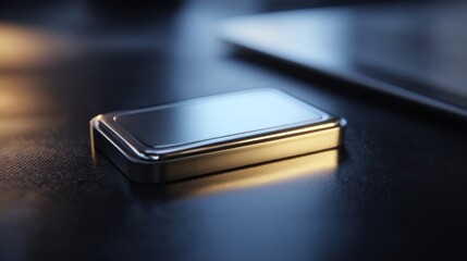A sleek, metallic container rests on a dark surface, reflecting soft light, creating an elegant and modern atmosphere.